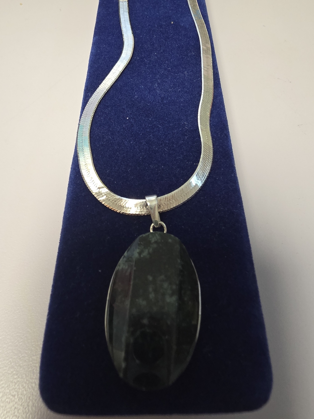 Silver 925 Chain Necklace with Dark Green Stone Pendant - Women Jewelry